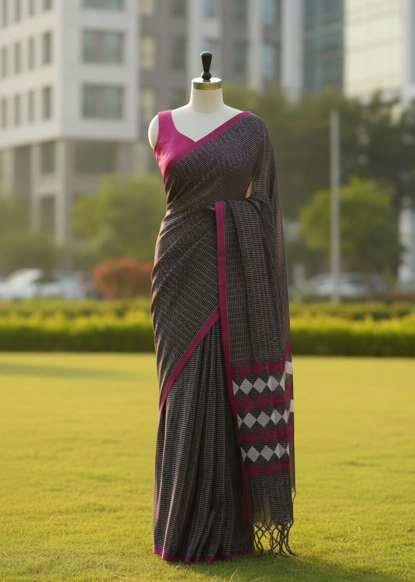 A dark gray and magenta kantha stitch saree displayed on a mannequin outdoors on a green lawn, with a blurred building and trees in the background.