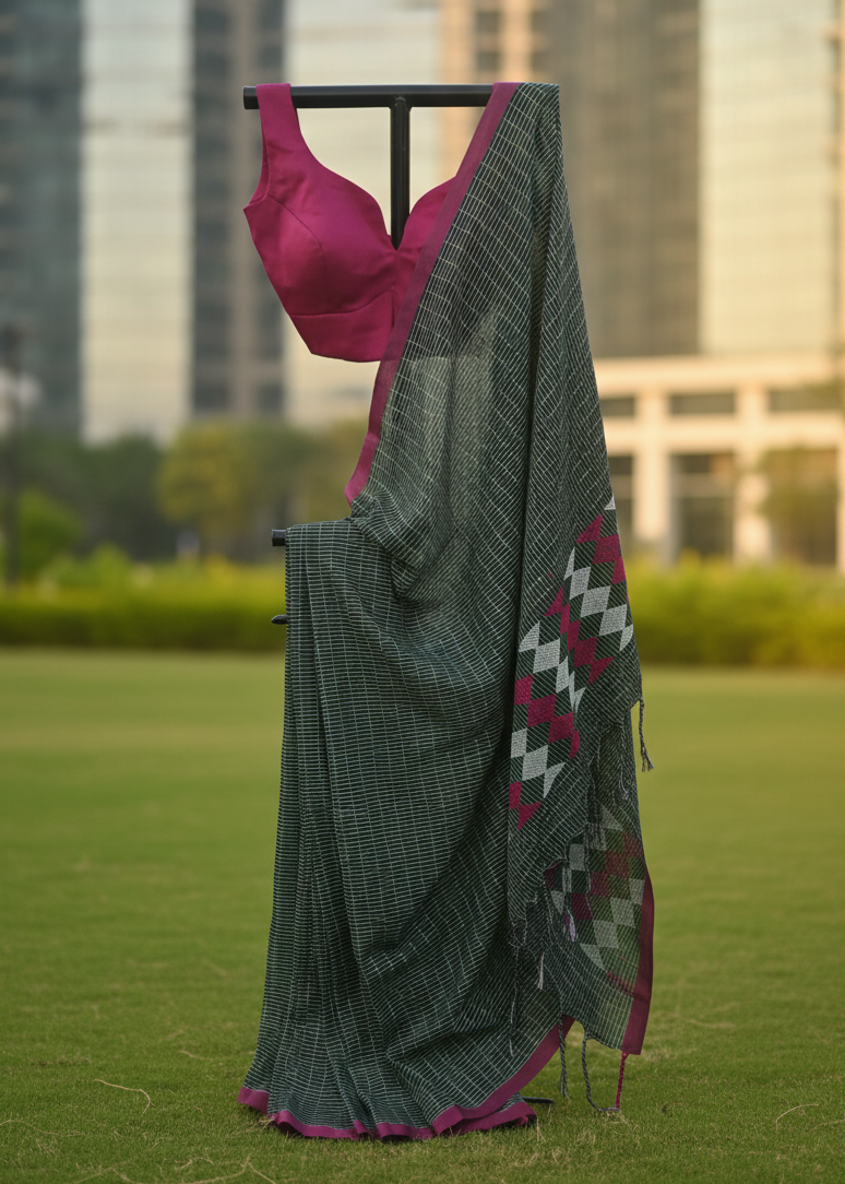 A dark gray and black checkered saree draped over a black clothing stand, paired with a magenta pink blouse, set against a blurred background of a green lawn and city buildings.