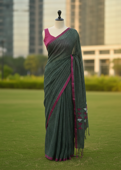 A dark green and black checkered kantha stitch saree with a magenta pink border and blouse, displayed on a mannequin outdoors on a green lawn with blurred buildings in the background.