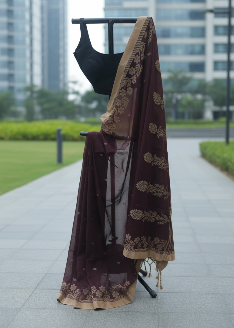 A dark brown sheer saree with gold floral motifs and a beige border, displayed on a black clothing stand outdoors on a paved walkway with modern buildings in the background.