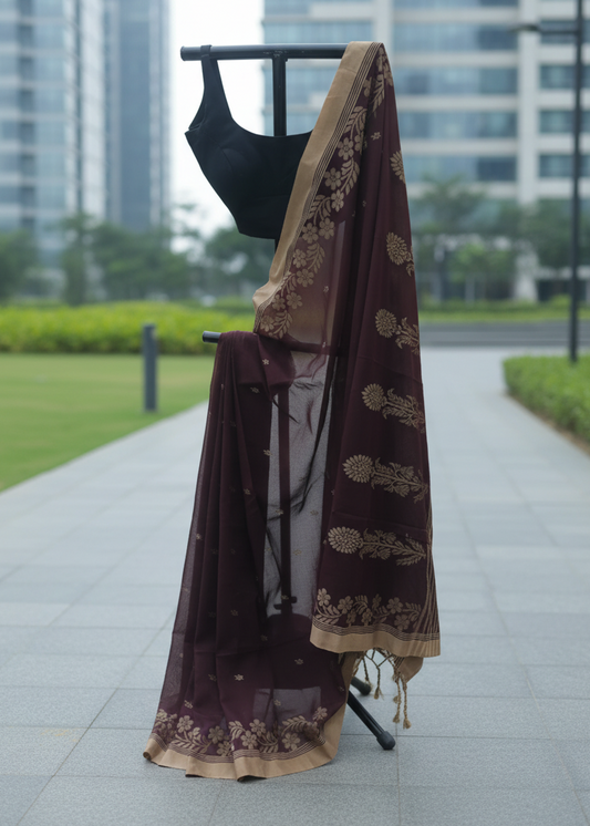 A dark brown sheer saree with gold floral motifs and a beige border, displayed on a black clothing stand outdoors on a paved walkway with modern buildings in the background.