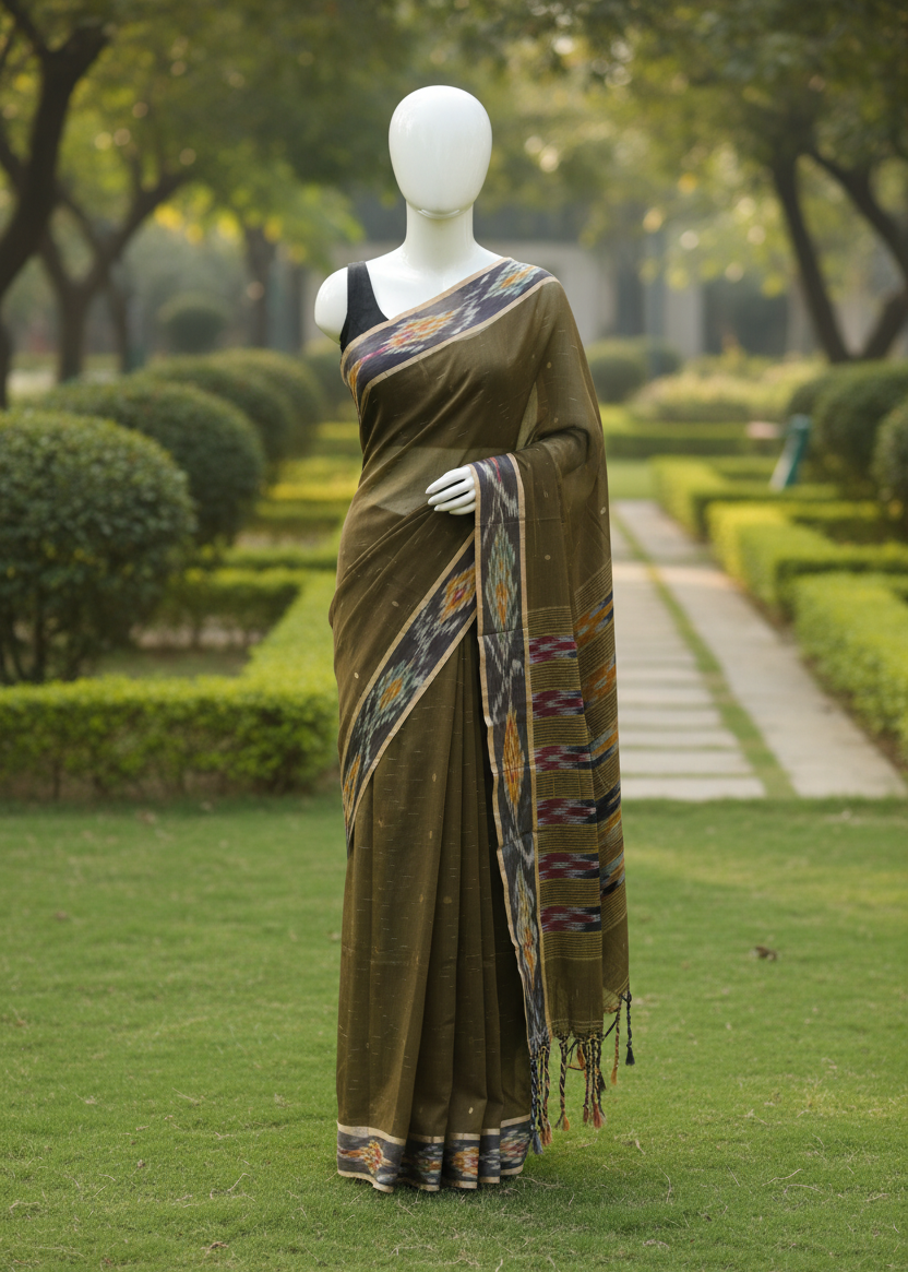 An olive green saree with intricate multicolor borders displayed on a white mannequin in a lush green garden pathway.