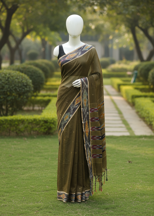 An olive green saree with intricate multicolor borders displayed on a white mannequin in a lush green garden pathway.