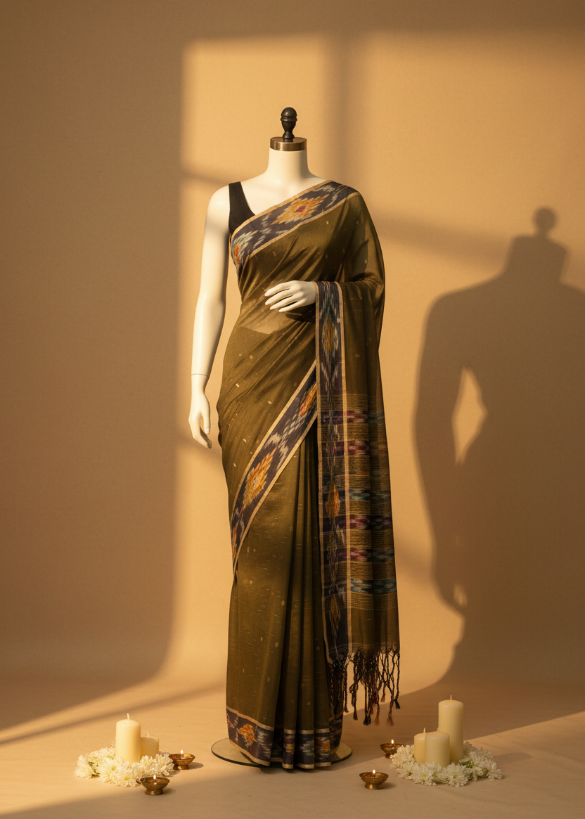 A dark olive green saree with a multicolor patterned border and a matching dupatta draped on a mannequin, set against a warm beige background with decorative candles and shadows.