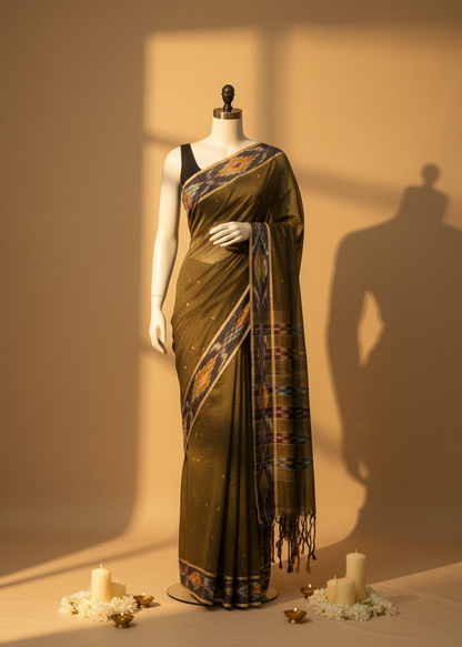A dark olive green saree with a multicolor patterned border and a matching dupatta draped on a mannequin, set against a warm beige background with decorative candles and shadows.