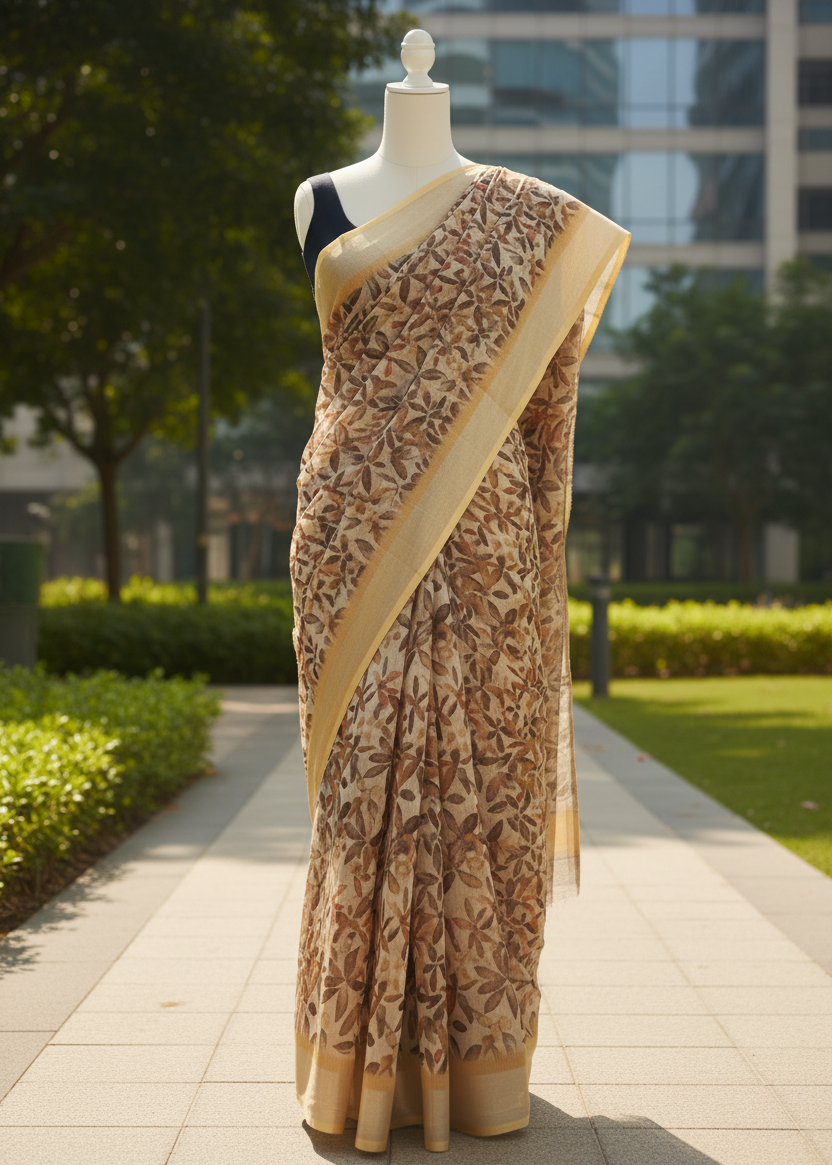 Patralekha Linen Leaf Print saree