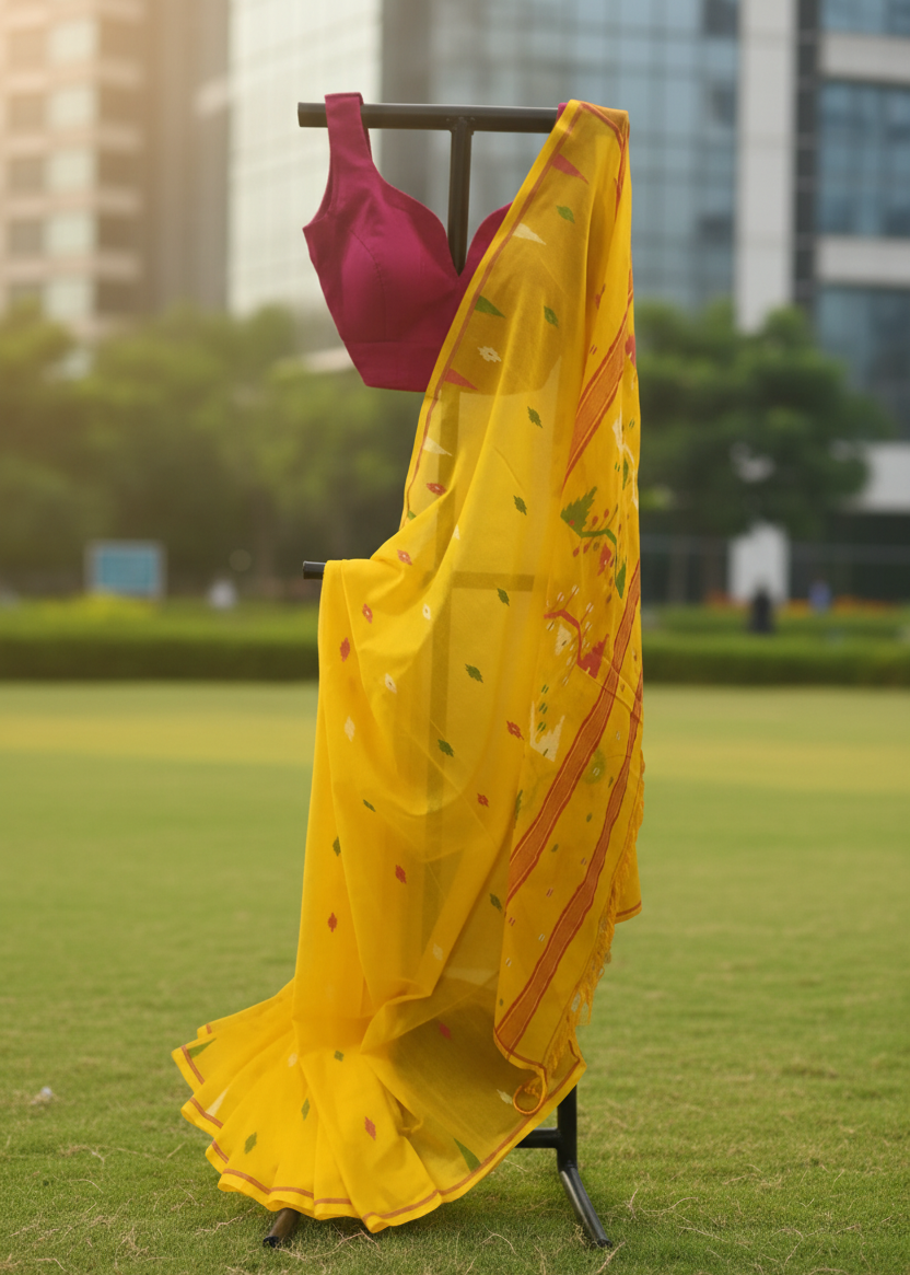 A yellow saree with small green and red motifs draped over a black clothing stand, paired with a magenta pink blouse, set against a blurred background of a green park and modern buildings.