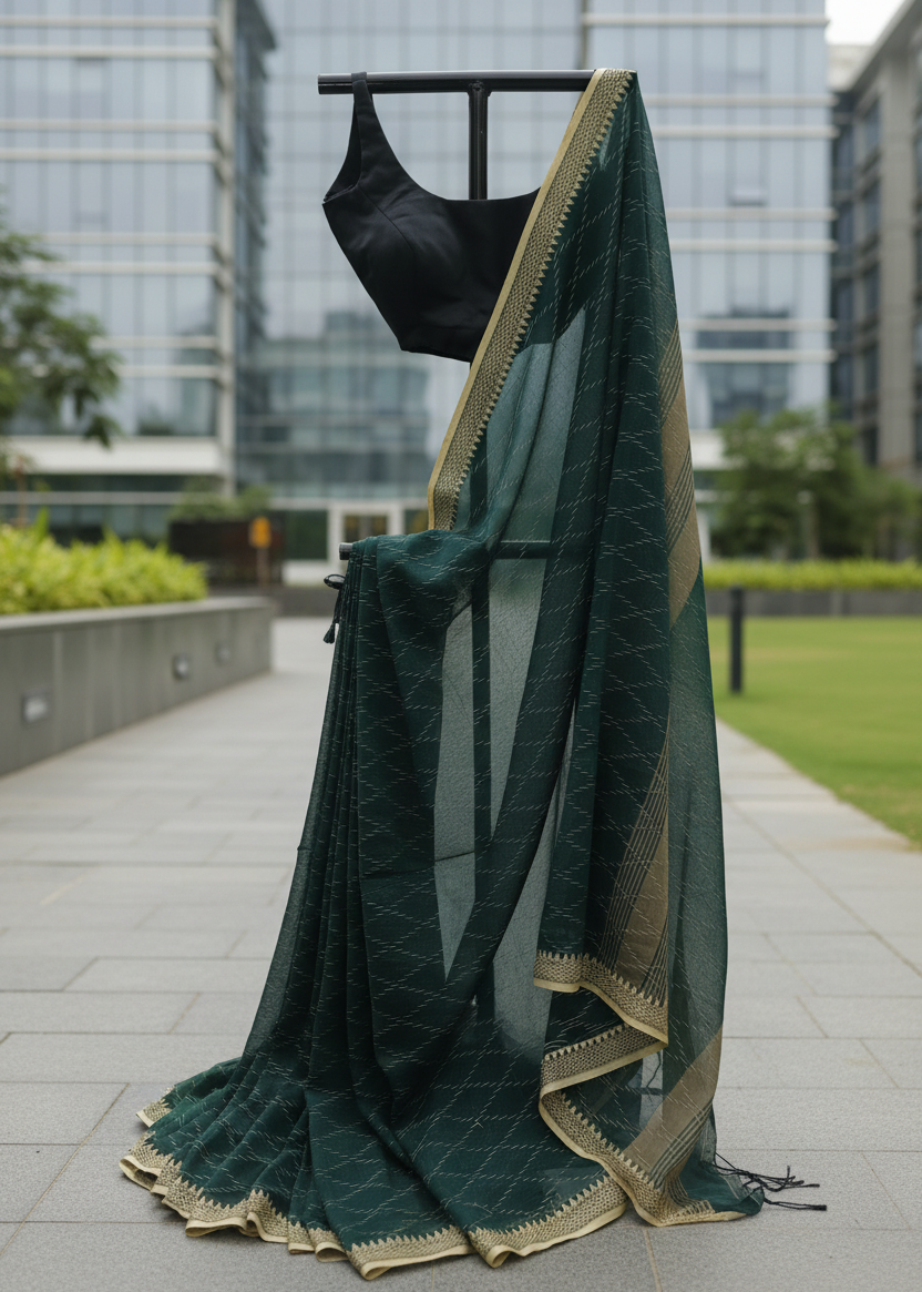 A dark green saree with a subtle geometric pattern and gold border, paired with a black blouse, displayed on a black clothing stand in an outdoor urban setting with modern glass buildings in the background.