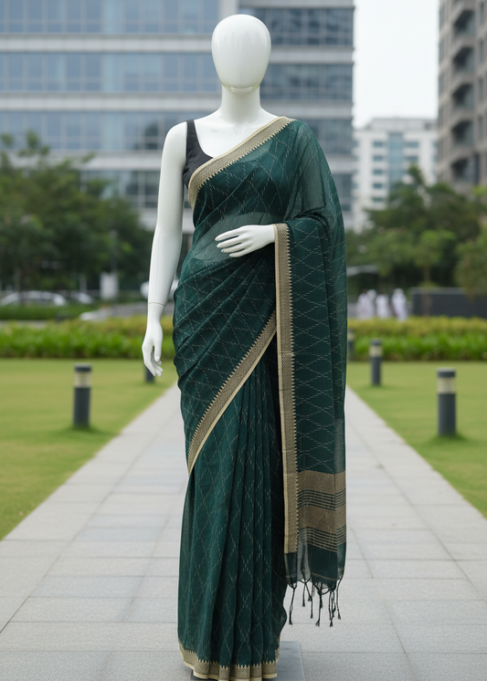 A dark green saree with gold zari embroidery and a matching blouse displayed on a white mannequin outdoors on a paved walkway with greenery and modern buildings in the background.