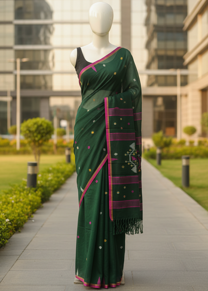 A dark green saree with pink borders and small multicolor embroidered dots, displayed on a white mannequin outdoors on a paved walkway with modern buildings in the background.
