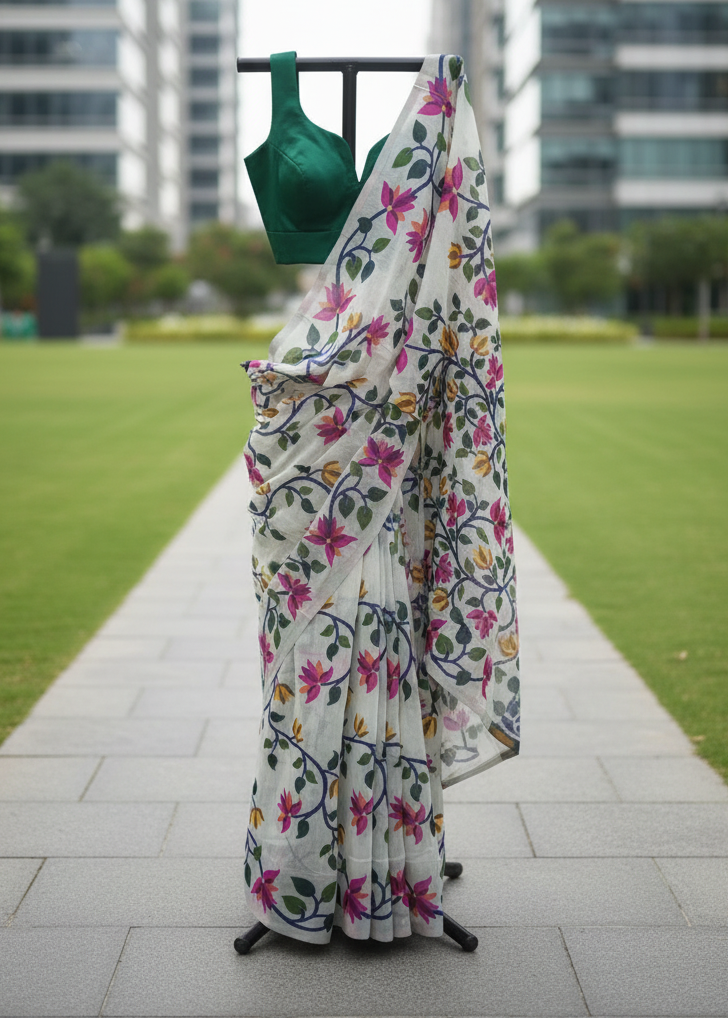 A white saree with a vibrant pink, green, and yellow floral print is draped on a black clothing stand, paired with a solid dark green blouse. The stand is positioned outdoors on a paved path between green grass lawns and modern high-rise buildings.