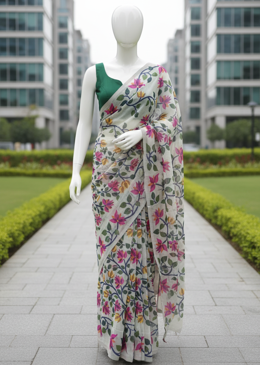 A white saree with a vibrant pink, green, and yellow floral print, paired with a solid green sleeveless blouse, displayed on a white mannequin standing on a paved path in an outdoor park setting with modern buildings in the background.