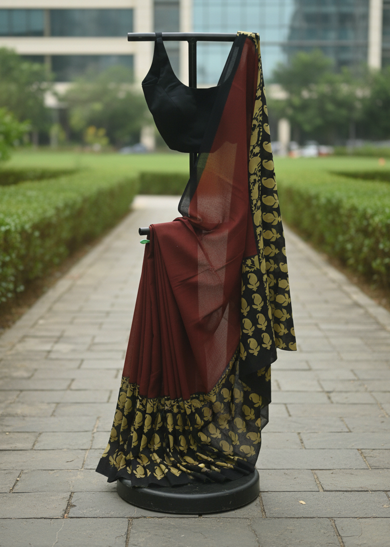 A draped black and maroon red saree with a gold patterned border, displayed on a black clothing stand on a paved pathway with green hedges and a modern glass building in the background.