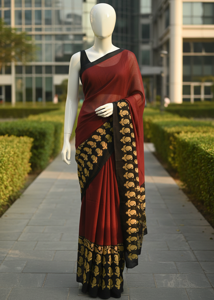 A red and black saree with gold floral patterns displayed on a white mannequin outdoors on a paved walkway with green hedges and a modern building in the background.