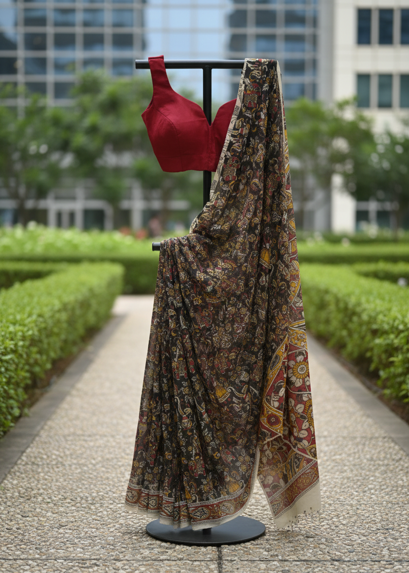 A patterned saree draped on a black clothing stand in an outdoor garden walkway, paired with a red sleeveless blouse on a stand. The background features green hedges and modern glass buildings.
