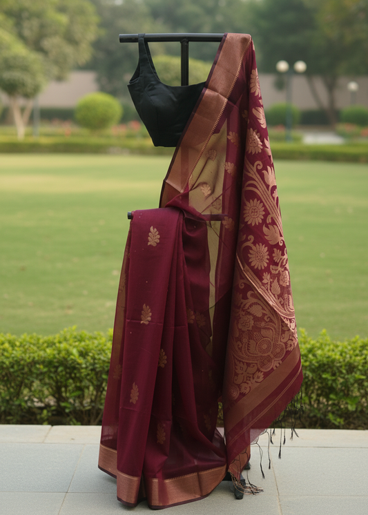 A deep maroon silk saree with gold zari floral motifs and a black sleeveless blouse, displayed on a black clothing hanger outdoors against a blurred green lawn background.