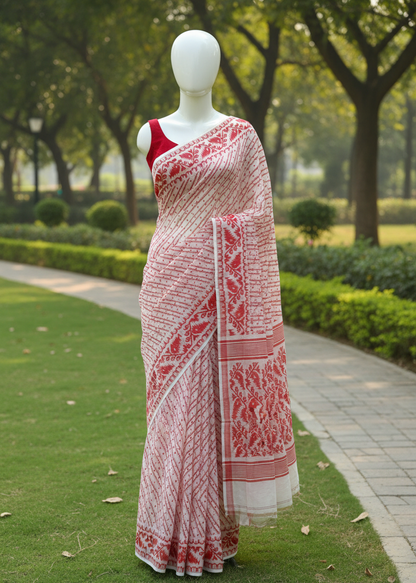 A white and red patterned saree with a red blouse displayed on a white mannequin in an outdoor park setting with green grass and trees.