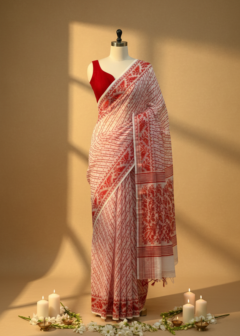 A white and red patterned saree draped on a mannequin with a red blouse, set against a warm beige background with decorative candles and flowers at the base.