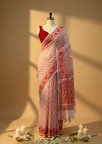 A white and red patterned saree draped on a mannequin with a red blouse, set against a warm beige background with decorative candles and flowers at the base.