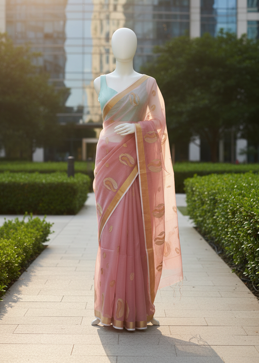 Rose Dust Gold Ghicha Muslin Jamdani saree