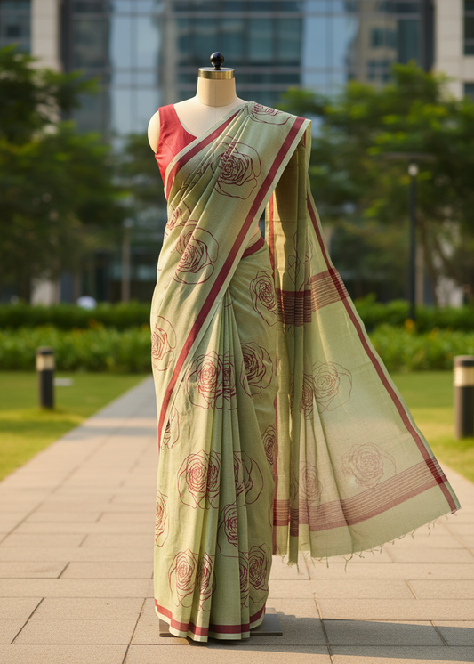 Roseblush Mint Motka Cotton saree