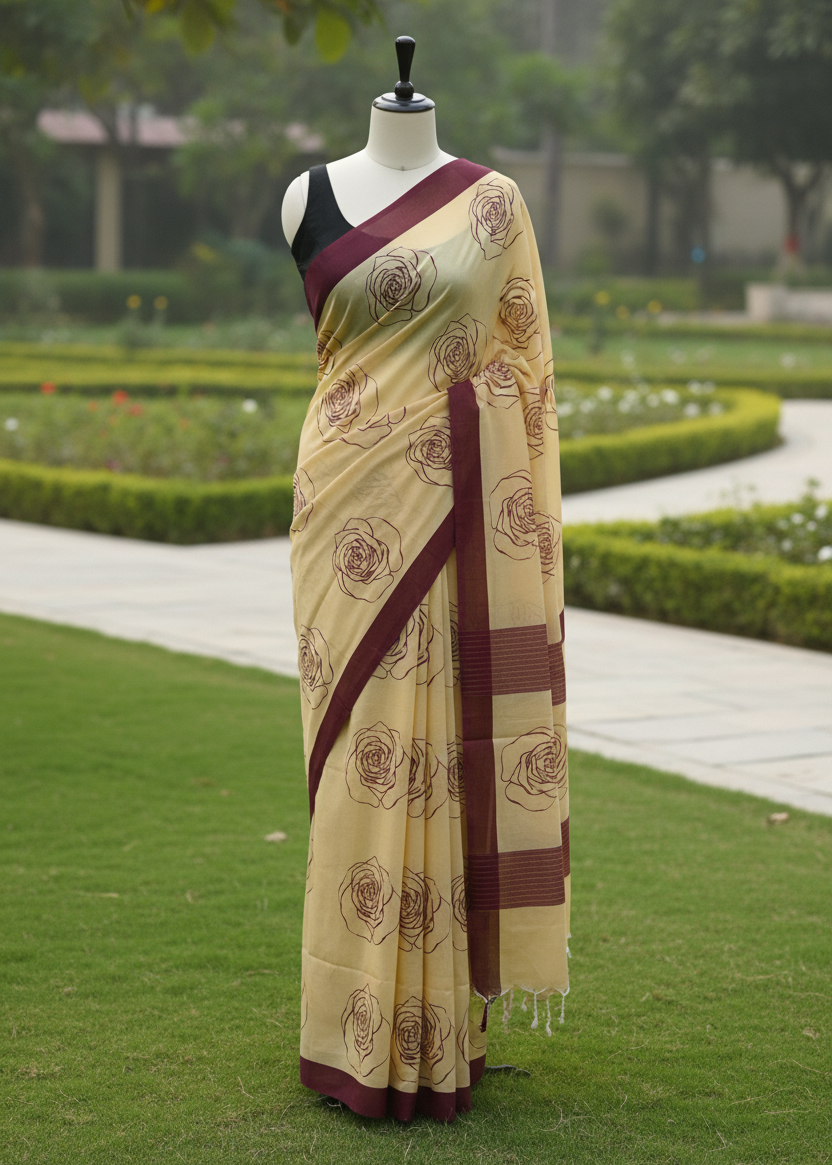 A cream-colored cotton saree with a deep maroon border and floral print, displayed on a black mannequin in an outdoor garden setting.