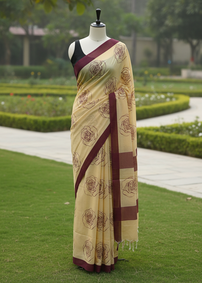 A cream-colored cotton saree with a deep maroon border and floral print, displayed on a black mannequin in an outdoor garden setting.