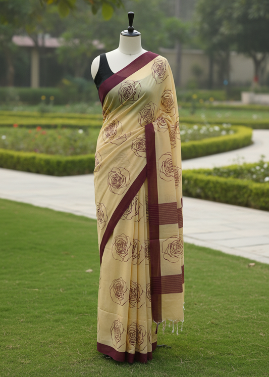 A cream-colored cotton saree with a deep maroon border and floral print, displayed on a black mannequin in an outdoor garden setting.