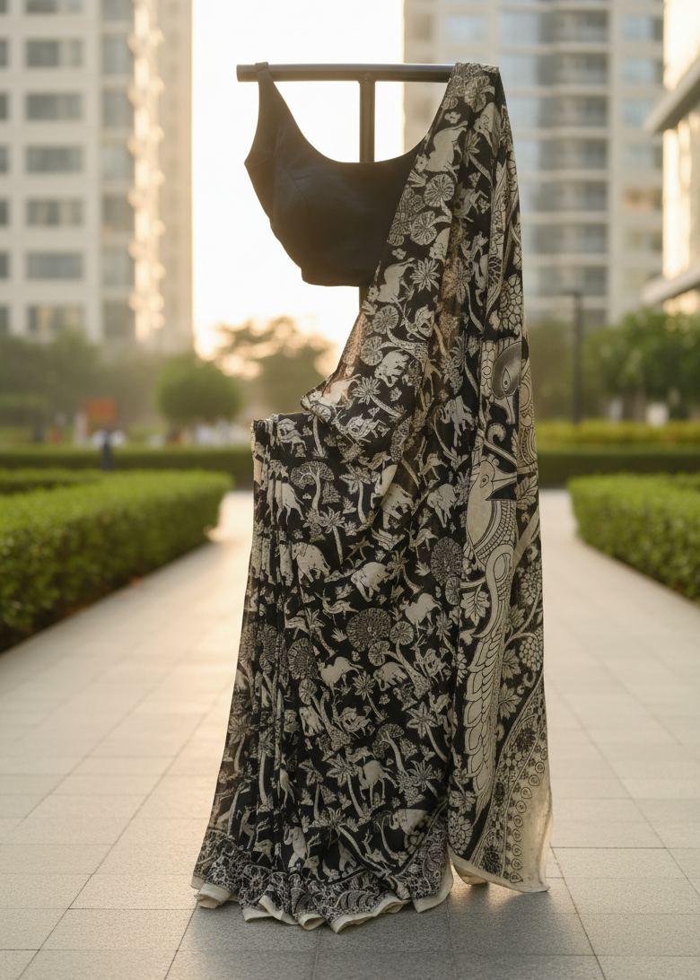 A black and beige patterned saree draped on a hanger stand in an outdoor urban setting with tall buildings and manicured hedges in the background.