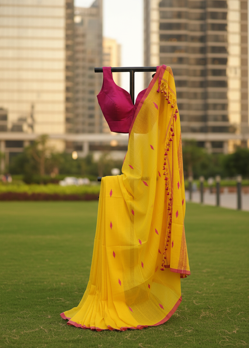 A yellow saree with pink border and small red motifs, paired with a magenta pink blouse, displayed on a black clothing rack set on a green lawn with a blurred cityscape background.
