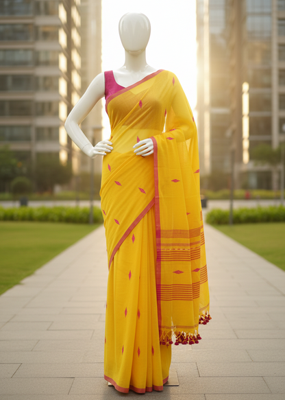 A yellow saree with pink and red border details displayed on a white female mannequin standing on a paved walkway in front of modern buildings.