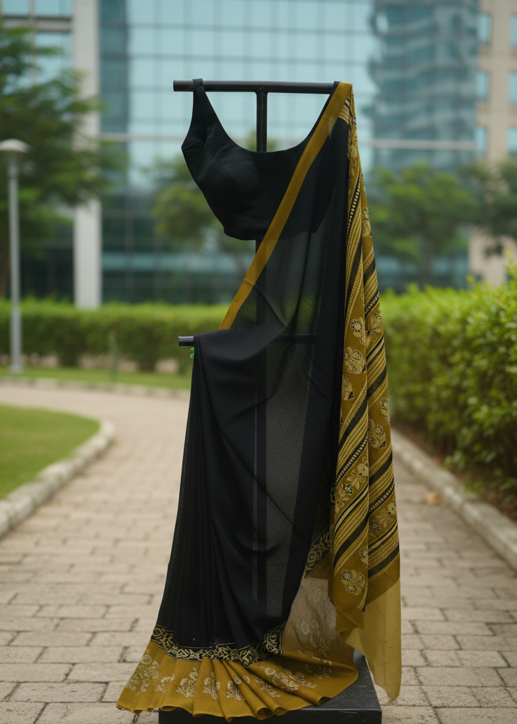 A black sleeveless blouse and matching black saree with a mustard yellow and gold patterned border are displayed on a black clothing rack outdoors on a paved walkway with green hedges and a glass building in the background.