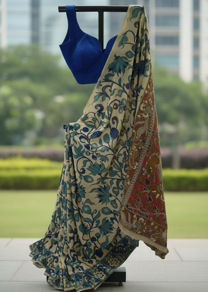 A beige saree with blue floral patterns and a red border, draped on a black clothing stand, paired with a royal blue blouse, set against a blurred outdoor garden background.