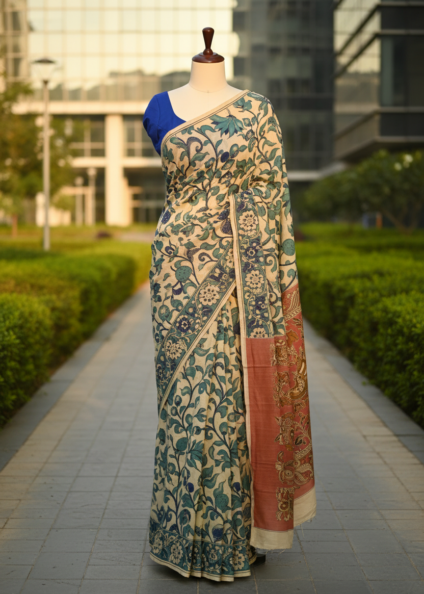 A patterned saree displayed on a mannequin outdoors on a paved walkway, with green hedges and modern glass buildings in the background. The saree has a cream base with blue floral motifs and a peach-pink border, paired with a royal blue blouse.