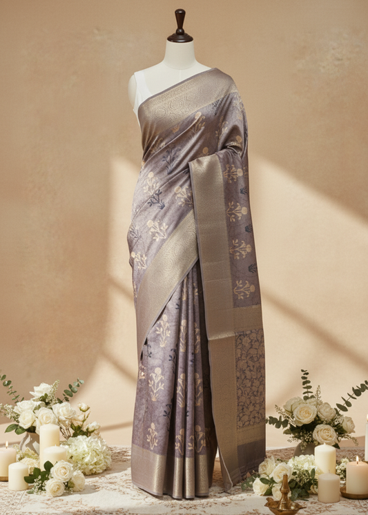 A draped saree displayed on a mannequin against a warm beige wall, with decorative flowers and candles around the base. The saree has a taupe-gray body with metallic gold floral motifs and a wide gold border.
