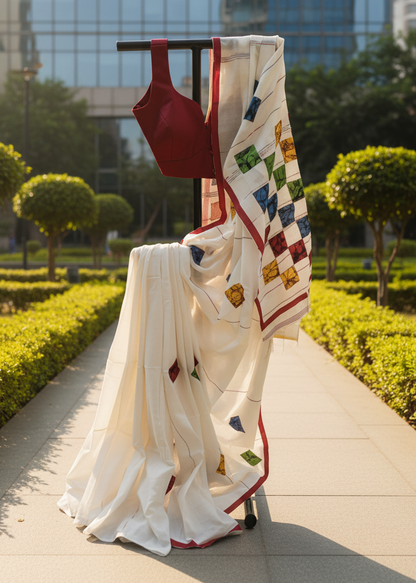 Utsav Shwet Cotton Hand Block saree