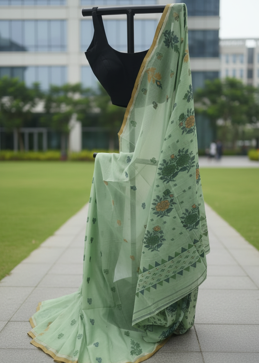 A light green saree with floral patterns and a black sleeveless blouse draped over a stand, set against an outdoor background of a green lawn and modern building.