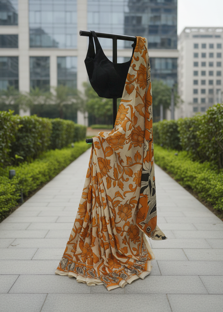 A printed saree with a black blouse is displayed on a clothing rack outdoors on a paved walkway, with green hedges and modern glass buildings in the background.
