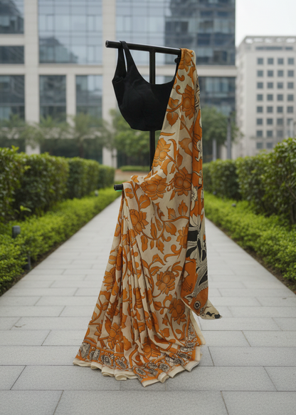 A printed saree with a black blouse is displayed on a clothing rack outdoors on a paved walkway, with green hedges and modern glass buildings in the background.