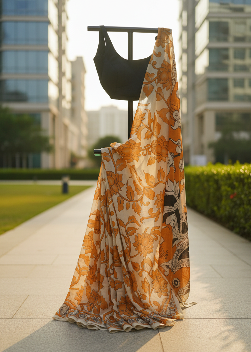 A draped saree with a bold orange and beige floral pattern, displayed on a black clothing stand in an outdoor urban setting with modern buildings and a walkway.