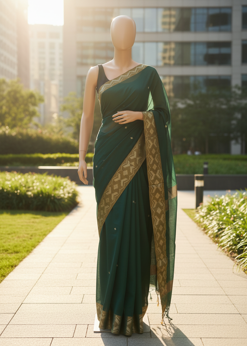 Vanamala Emerald Linen Jamdani Saree