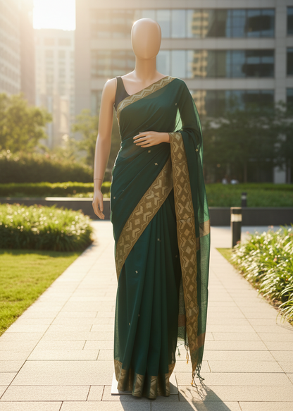 Vanamala Emerald Linen Jamdani Saree