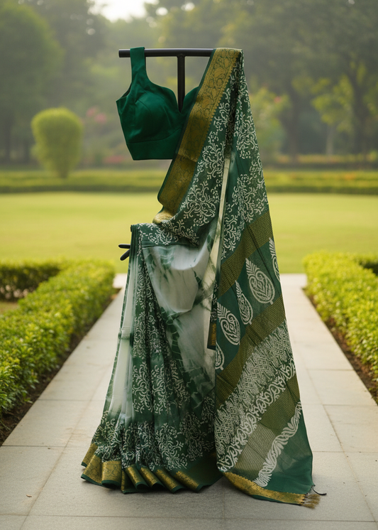 A green and white printed saree with a gold border, draped on a black clothing stand outdoors on a paved path with a blurred garden background.