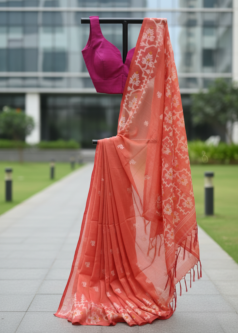 A coral orange saree with white floral patterns and a matching magenta blouse, displayed on a black clothing rack outdoors on a paved walkway with a modern building in the background.