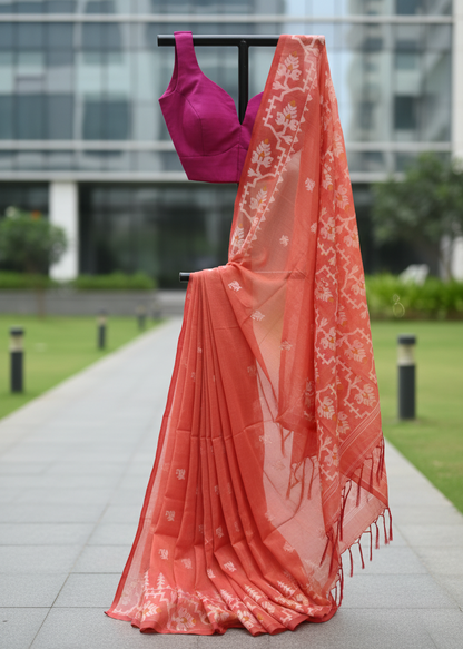A coral orange saree with white floral patterns and a matching magenta blouse, displayed on a black clothing rack outdoors on a paved walkway with a modern building in the background.