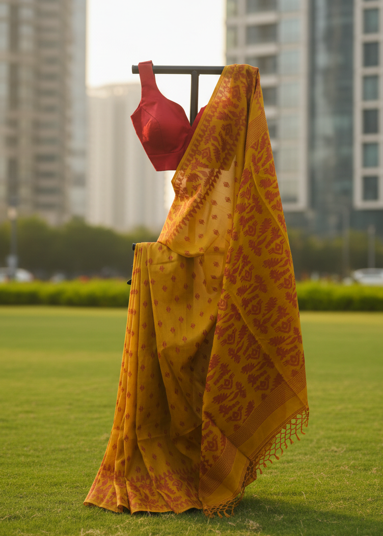 A yellow and orange patterned saree draped on a black clothing rack outdoors on a green lawn, with a red blouse visible at the top and blurred high-rise buildings in the background.