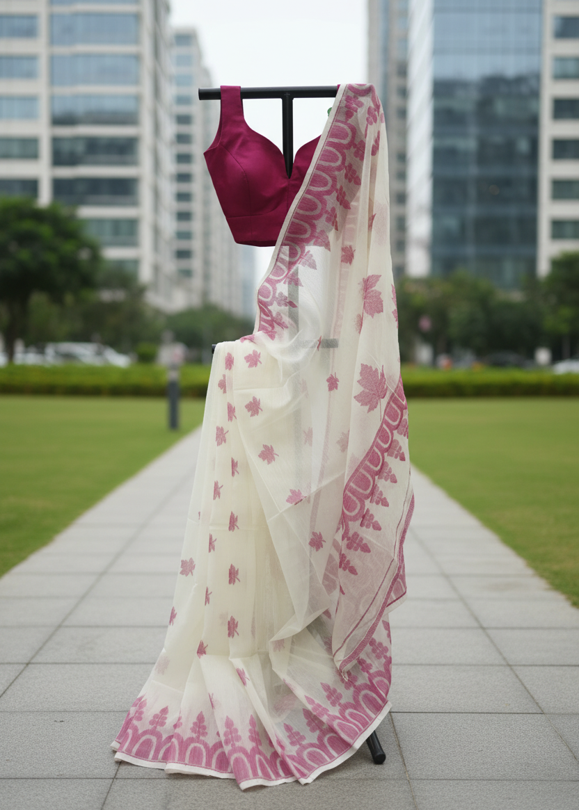 A white saree with pink floral patterns and a matching pink blouse displayed on a black clothing stand outdoors on a paved walkway, with green grass and tall glass buildings in the background.