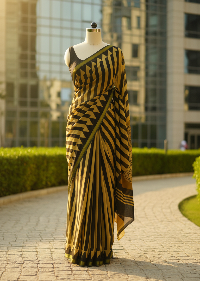 A black and mustard yellow patterned saree displayed on a mannequin outdoors on a paved walkway, with a modern glass building and green hedges in the background.