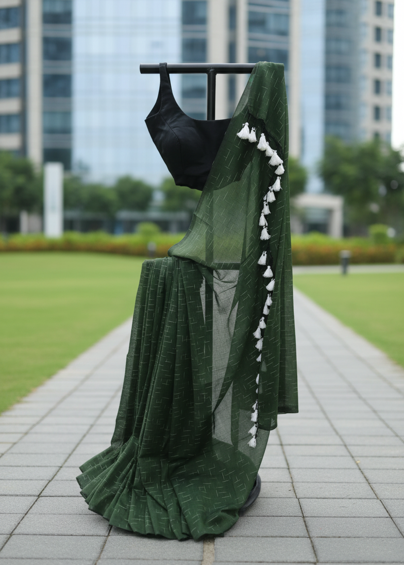 A dark green saree with a black blouse and white tassel border, displayed on a black hanger outdoors on a paved walkway with a blurred modern building and green lawn in the background.