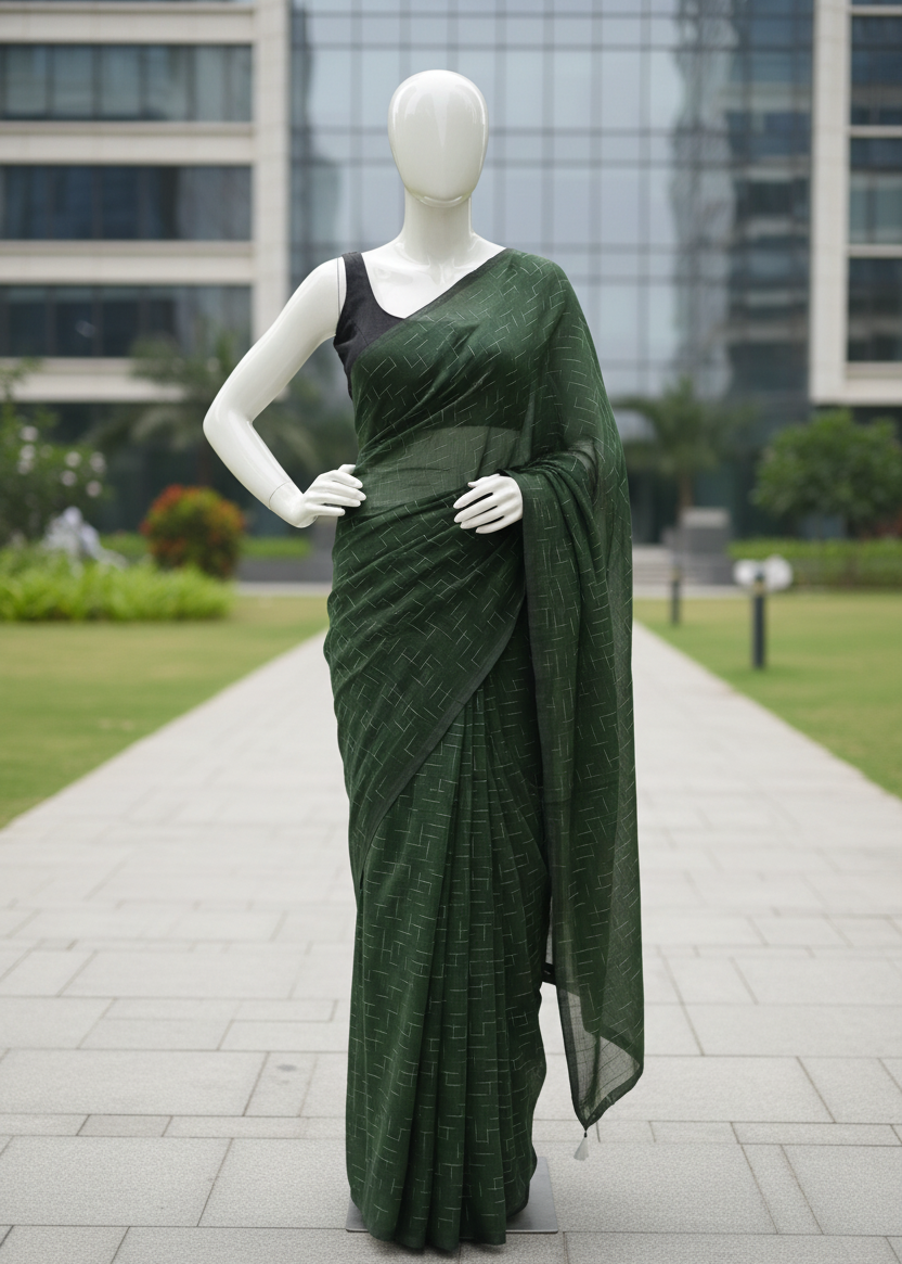 A dark green saree with a subtle textured pattern and a black sleeveless blouse displayed on a white mannequin outdoors on a paved walkway with a modern glass building in the background.